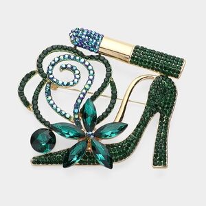 Emerald Green Lipstick High Heel Flower Pin Rhinestone Crystal Brooch Accessory